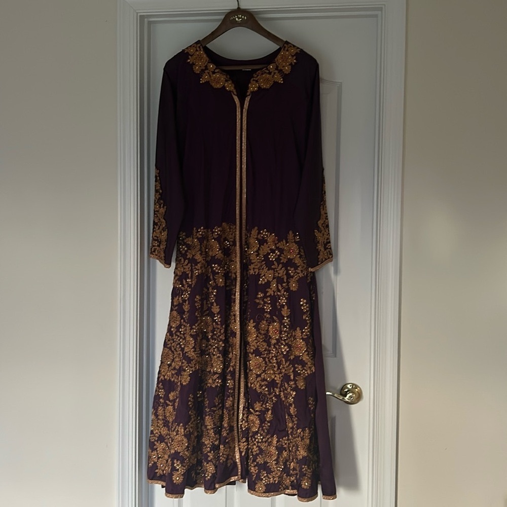 India Boutique Purple Long Sleeve Dress with Gold Embroidery